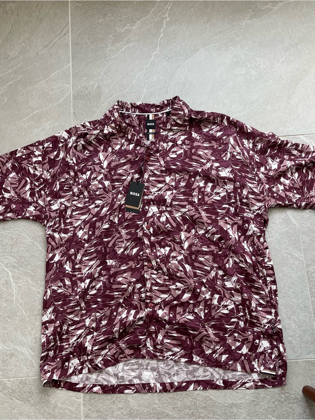 Hugo Boss Burgundy And White Abstract Leaf Print Button-Down Summer Shirt